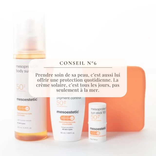 🧴☀️ Conseil N°6 — La protection solaire, un geste beauté au quotidien !
Non, la crème solaire n’est pas réservée aux journées plage ou aux vacances d’été 🏖️
🌤️ Même en ville, même quand il ne fait pas très beau, les UV sont là… et ils accélèrent le vieillissement de la peau.

💡 C’est pourquoi nous vous conseillons d’intégrer la protection solaire dans votre routine beauté quotidienne.

👉 Chez Centre Thetys, nous faisons confiance à Mesoestetic®, expert de la photoprotection dermatologique :
✨ Body Sun Spray SPF 50+
✨ Pigment Control SPF 50+
✨ Sun Stick 100 SPF 50+ (idéal en retouches et zones sensibles)

✅ Texture légère
✅ Haute protection contre les UVA/UVB/HEV/IR
✅ Adaptée à tous les types de peau

Prenez soin de votre peau… chaque jour 💛

#CentreThetys #Mesoestetic #ProtectionSolaire #SPF50 #AntiAge #Skincare #ConseilBeauté #SoleilOuPas #EsthétiqueAvancée #PréventionVieillissement