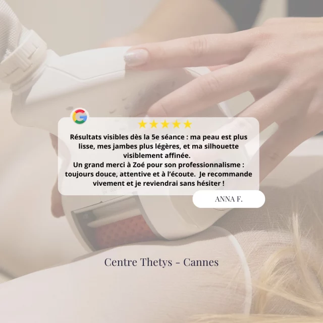 ✨ Zoom sur un avis client qui fait chaud au cœur ! ✨

Parce que prendre soin de sa silhouette, c’est aussi faire confiance à des mains expertes 💆‍♀️, Anna a choisi la technologie Icoone pour raffermir, lisser et alléger son corps en douceur.

🔹 Résultats visibles dès la 5e séance
🔹 Zoé, une praticienne douce, attentive et ultra professionnelle
🔹 Une expérience bien-être dans un cadre rassurant
🔹 Une technologie innovante, non invasive et ultra efficace

Merci Anna pour votre retour si positif et votre fidélité 💖
Au Centre Thetys – Cannes, chaque cliente est écoutée, conseillée et accompagnée avec expertise et bienveillance 🤍

👉 Et vous, prêt(e) à révéler le meilleur de votre corps ?
📍 RDV dans nos centres à Cannes, Antibes ou Pégomas
📞 Cliquez sur le lien en bio pour réserver votre bilan personnalisé offert

#CentreThetys #IcooneCannes #TechnologieEsthétique #CorpsAffiné #SilhouetteSculptée #AntiCellulite #BienÊtre #AvisClient #EsthétiqueInnovante #Cannes #BeautéResponsable #NonInvasif #SoinsCorps
