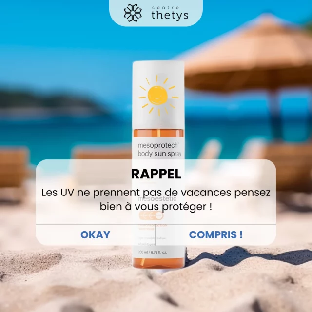 ☀️ RAPPEL ESTIVAL ☀️

Les UV ne prennent jamais de vacances, même quand vous, oui 😎
Que vous soyez en terrasse, à la plage ou en balade, votre peau mérite d’être protégée chaque jour.

💡 L’application régulière d’un écran solaire adapté est l’un des gestes les plus puissants pour prévenir le vieillissement cutané, les taches pigmentaires et préserver l’éclat de votre peau.

Chez Thetys, nous vous accompagnons vers une beauté responsable et durable.
✨ Adoptez les bons réflexes, votre peau vous dira merci !

🧴 Vous souhaitez connaître les meilleures protections solaires pour votre type de peau ? Demandez conseil à nos expertes en centre (Antibes • Cannes • Pégomas).

#CentreThetys #ConseilBeauté #SoleilResponsable #ProtectionSolaire #PeauSaine #AntiÂge #UV #EsthétiqueAvancée #PréventionVieillissement #Été2025
